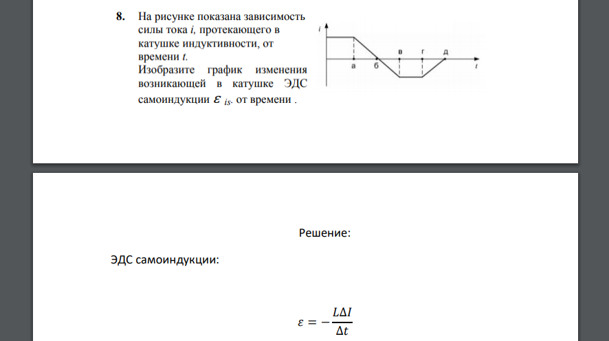 На рисунке показана зависимость силы тока I, протекающего в катушке индуктивности, от времени I. Изобразите