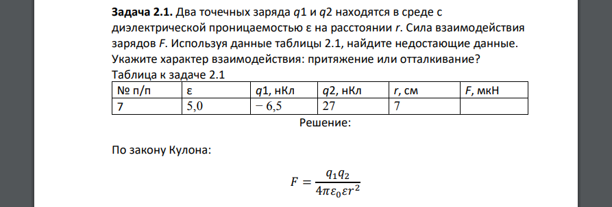 Два точечных заряда q1 и q2 находятся в среде с диэлектрической проницаемостью ε на расстоянии r. Сила взаимодействия зарядов