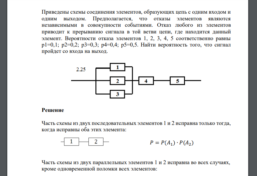 Вероятности отказа элементов 1, 2, 3, 4, 5 соответственно равны p1=0,1; p2=0,2; p3=0,3; p4=0,4; p5=0,5. Найти