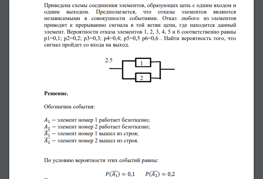 Вероятности отказа элементов 1, 2, 3, 4, 5 и 6 соответственно равны p1=0,1; p2=0,2; p3=0,3; p4=0,4; p5=0,5 p6=0,6 . Найти вероятность