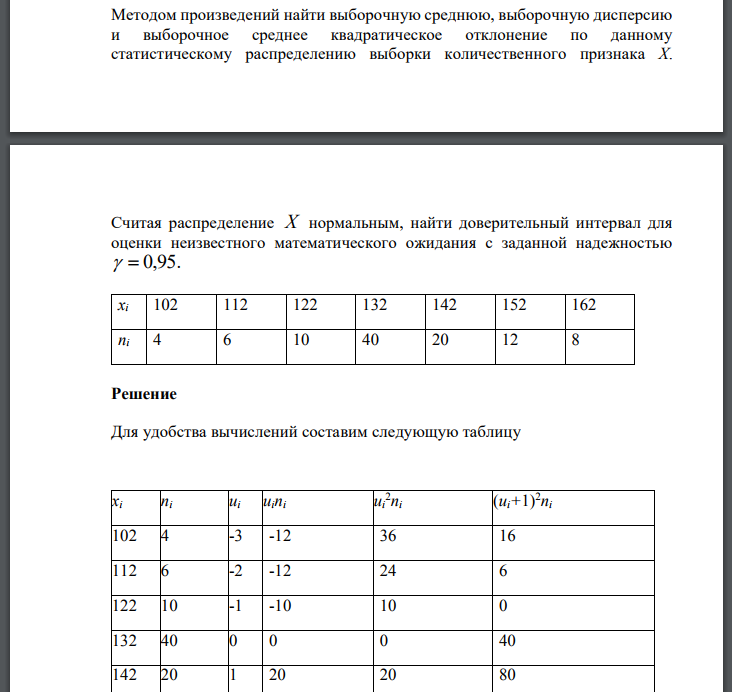 Методом произведений найти выборочную среднюю, выборочную дисперсию и выборочное среднее квадратическое отклонение