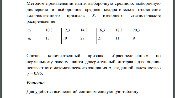 Методом произведений найти выборочную среднюю, выборочную дисперсию и выборочное среднее квадратическое отклонение количественного