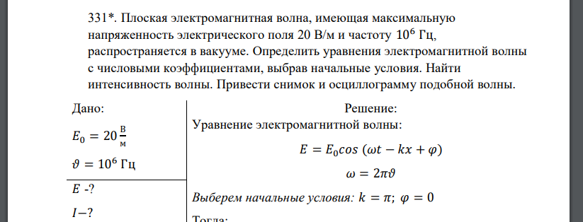 Плоская электромагнитная волна, имеющая максимальную напряженность электрического поля 20 В/м и частоту