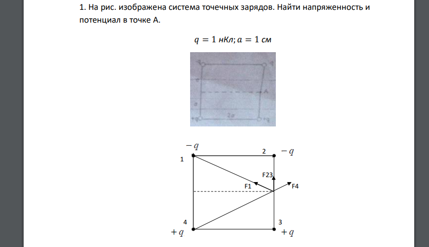 На рис. изображена система точечных зарядов. Найти напряженность и потенциал в точке