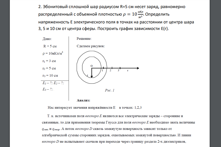 Эбонитовый сплошной шар радиусом R=5 см несет заряд, равномерно распределенный с объемной плотностью 𝜌 = 10 нКл м3 . Определить