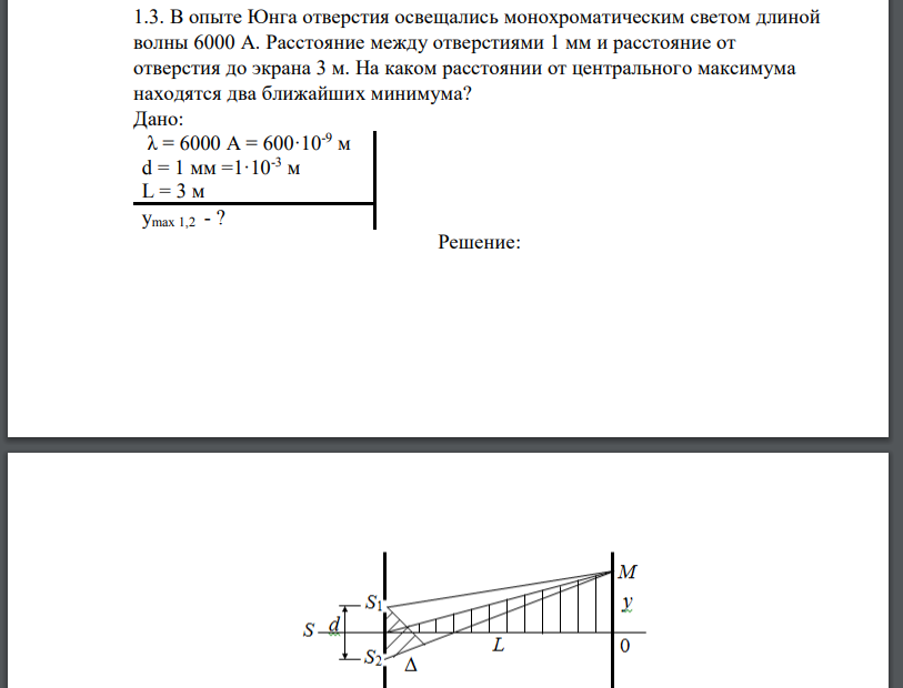 В опыте Юнга отверстия освещались монохроматическим светом длиной волны 6000 А. Расстояние между отверстиями