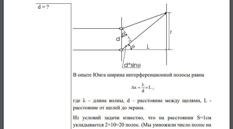 Расстояние L от щелей до экрана в опыте Юнга равно 1 м. Определить расстояние между щелями, если на отрезке