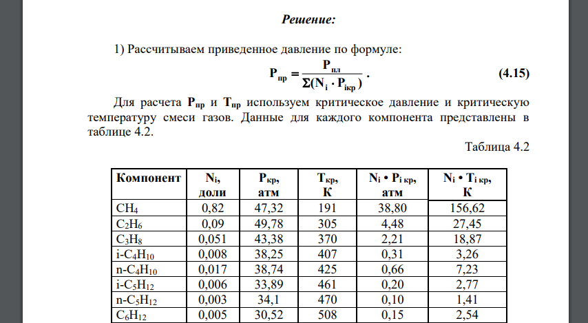 Дана исходная таблица. Используя ее, мы определяем коэффициенты сжимаемости (z) и объемный коэффициент газа (b), занимающего первоначальный объем (Vо) 1000 м3 при нормальных