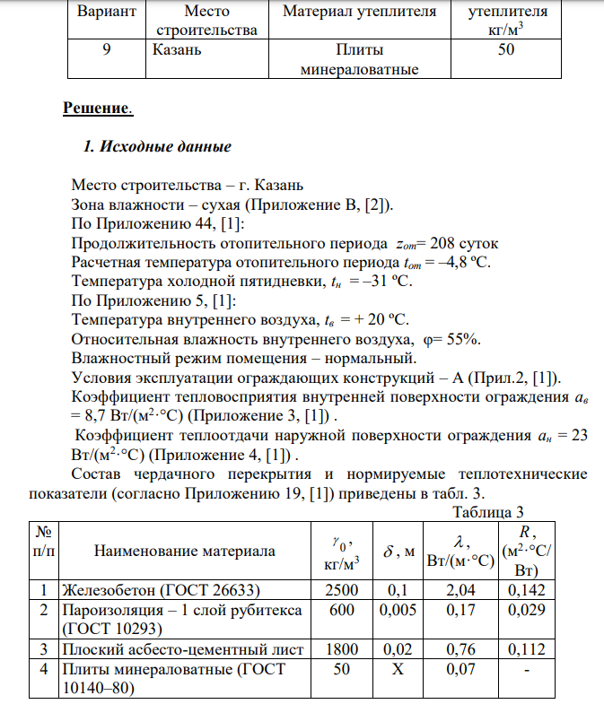 Для своего варианта определить достаточность выполнения санитарно-гигиенических требований чердачным перекрытием холодного чердака,