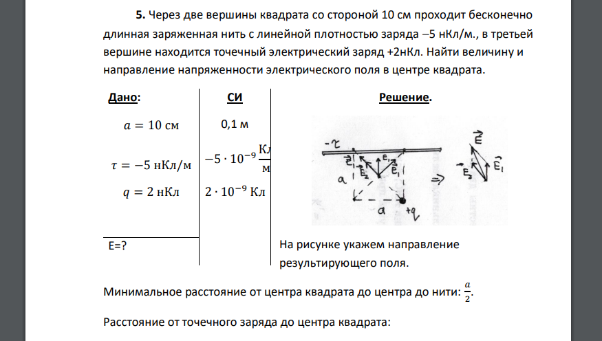 Через две вершины квадрата со стороной 10 см проходит бесконечно длинная заряженная нить с линейной плотностью