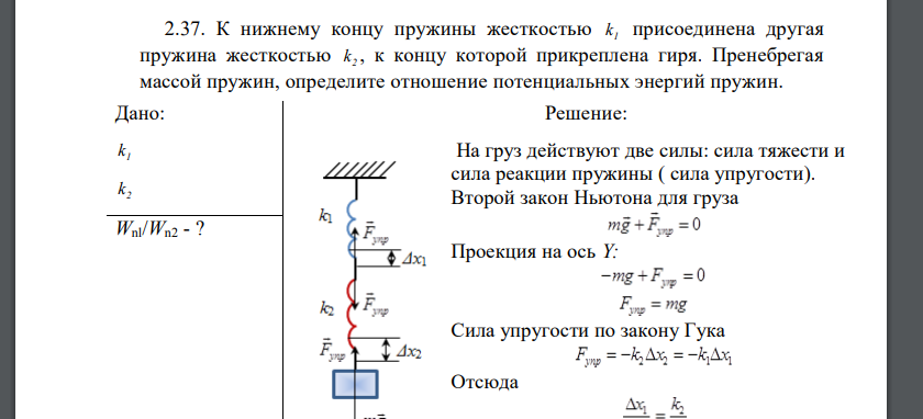 К нижнему концу пружины жесткостью 1 k присоединена другая пружина жесткостью 2 k , к концу которой