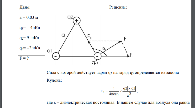 На расстоянии 𝑎 = 3 см находятся два точечных заряда: 𝑞1 = −4 нКл и 𝑞2 = 9 нКл. Определить силу F, действующую на заряд