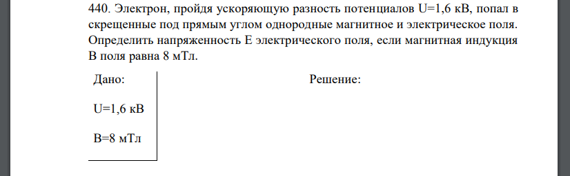 Электрон, пройдя ускоряющую разность потенциалов U=1,6 кВ, попал в скрещенные под прямым углом однородные