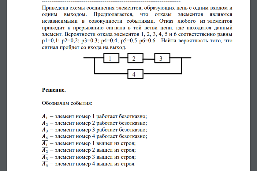 Вероятности отказа элементов 1, 2, 3, 4, 5 и 6 соответственно равны p1=0,1; p2=0,2; p3=0,3; p4=0,4; p5=0,5 p6=0,6 . Найти вероятность того, что сигнал