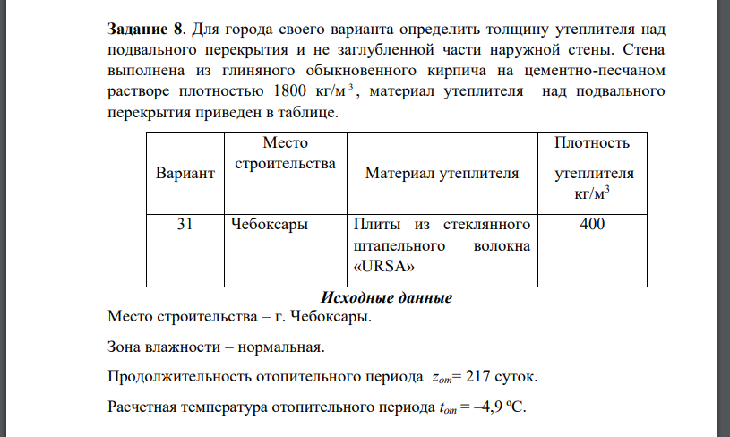 Для города своего варианта определить толщину утеплителя над подвального перекрытия и не заглубленной части наружной стены.