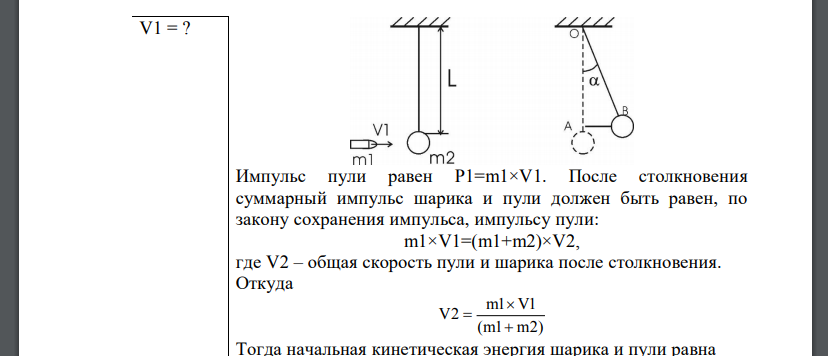 В деревянный шар массой m2=8 кг, подвешенный на нити длиной L = 1,8 м попадает горизонтально летящая пуля массой