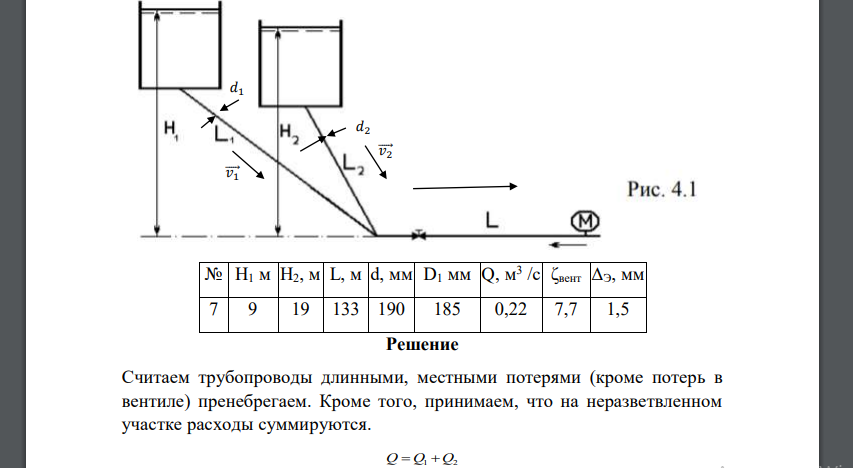 В две открытые емкости бензин при 40°С поступает по трубопроводу длиной L, диаметром d (рис. 4.1). Расход бензина в трубопроводе равен Q. Длины подводящих труб L1 = L/3, L2 = L/4, их диаметры