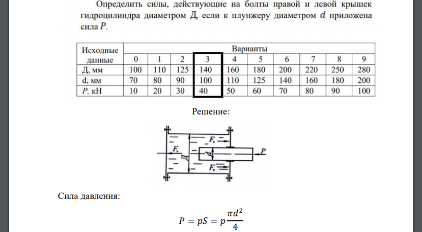 Определить силы, действующие на болты правой и левой крышек гидроцилиндра диаметром Д, если к плунжеру диаметром d приложена сила Р