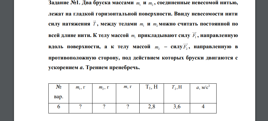 Два бруска массами m1 и m2 , соединенные невесомой нитью, лежат на гладкой горизонтальной поверхности. Ввиду невесомости