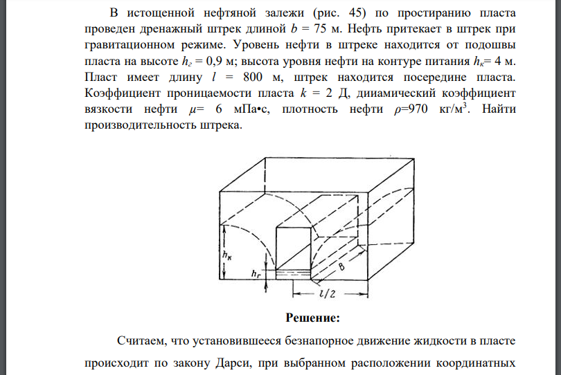 В истощенной нефтяной залежи (рис. 45) по простиранию пласта проведен дренажный штрек длиной Нефть притекает в штрек при гравитационном