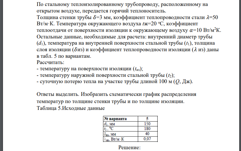 По стальному теплоизолированному трубопроводу, расположенному на открытом воздухе, передается горячий теплоноситель. Толщина стенки трубы