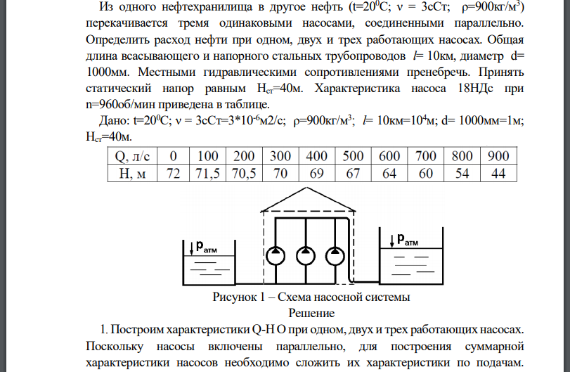 Из одного нефтехранилища в другое нефть перекачивается тремя одинаковыми насосами, соединенными параллельно. Определить расход нефти при одном, двух