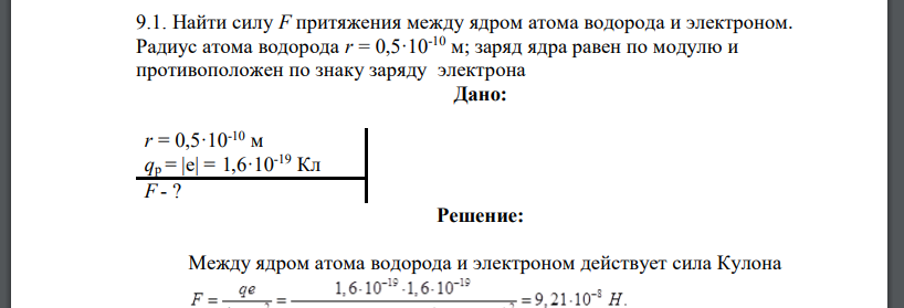 Найти силу F притяжения между ядром атома водорода и электроном. Радиус атома водорода r = 0,5·10-10 м; заряд ядра равен