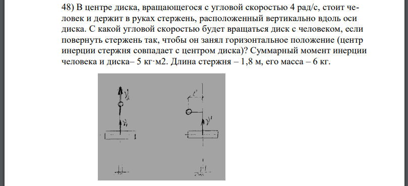 В центре диска, вращающегося с угловой скоростью 4 рад/с, стоит человек и держит в руках стержень, расположенный вертикально вдоль оси диска. С какой