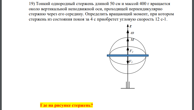 Тонкий однородный стержень длиной 50 см и массой 400 г вращается около вертикальной неподвижной оси, проходящей перпендикулярно стержню через