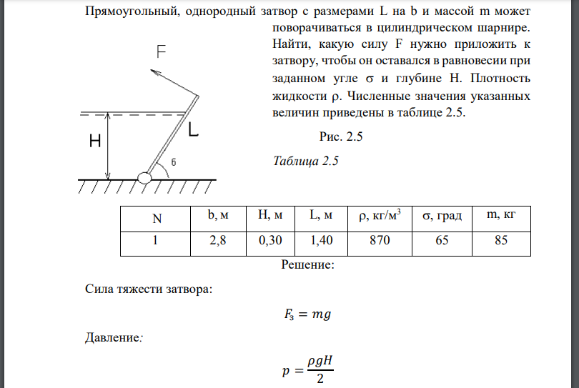 Прямоугольный, однородный затвор с размерами и массой m может поворачиваться в цилиндрическом шарнире. Найти, какую силу F нужно