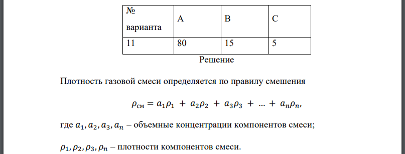 Определить абсолютную плотность газовой смеси при следующем объемном составе: А % метана, В % этана и С % пропана при стандартных условиях