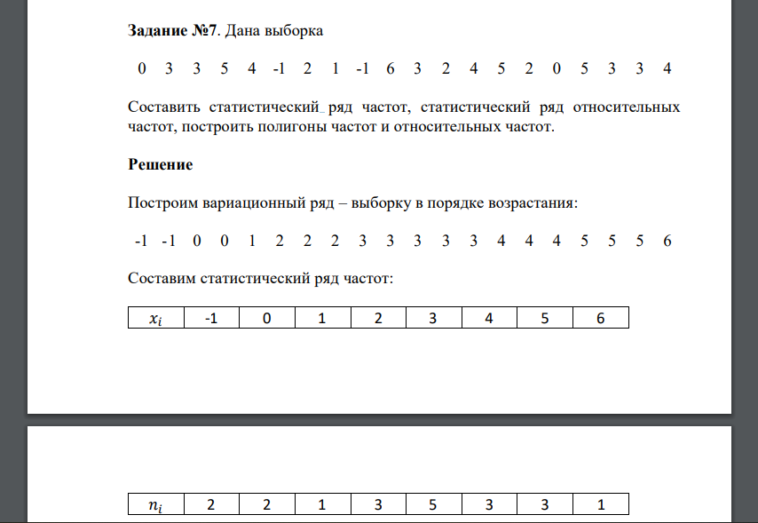 Дана выборка 0 3 3 5 4 -1 2 1 -1 6 3 2 4 5 2 0 5 3 3 4 Составить статистический ряд частот, статистический ряд относительных частот