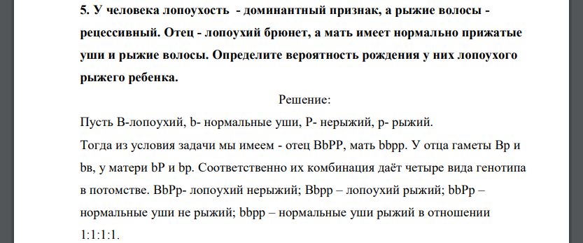 У человека лопоухость - доминантный признак, а рыжие волосы - рецессивный. Отец - лопоухий брюнет, а мать имеет