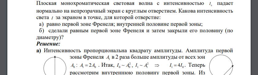 Плоская монохроматическая световая волна с интенсивностью I0 падает нормально на непрозрачный экран с круглым отверстием