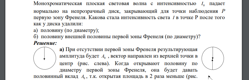 Монохроматическая плоская световая волна с интенсивностью I0  падает нормально на непрозрачный диск, закрывающий