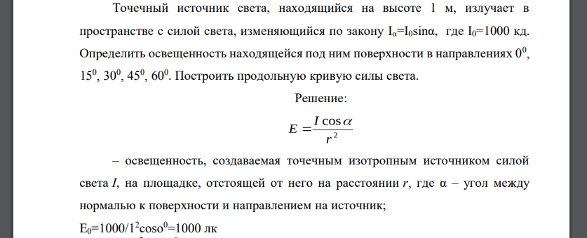 Точечный источник света, находящийся на высоте 1 м, излучает в пространстве с силой света, изменяющийся по закону