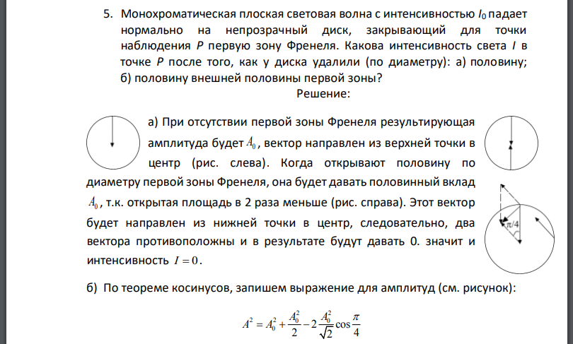 Монохроматическая плоская световая волна с интенсивностью падает нормально на непрозрачный диск, закрывающий для точки наблюдения