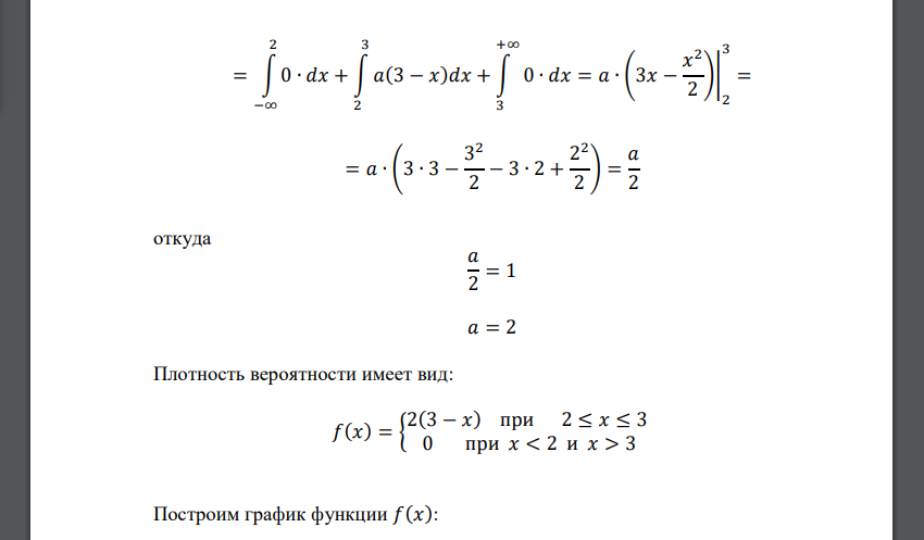 Случайная величина задана плотностью вероятности 𝑓(𝑥) = { 𝑎(3 − 𝑥) при 2 ≤ 𝑥 ≤ 3 0 при 𝑥 < 2 и 𝑥 > 3 Найти значение коэффициента 𝑎