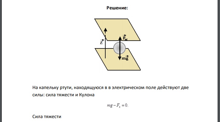 В плоском горизонтально расположенном конденсаторе заряженная капелька ртути находится в равновесии при напряженности электрического поля