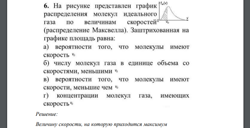 На рисунке представлен график распределения молекул идеального газа по величинам скоростей (распределение Максвелла). Заштрихованная на графике площадь