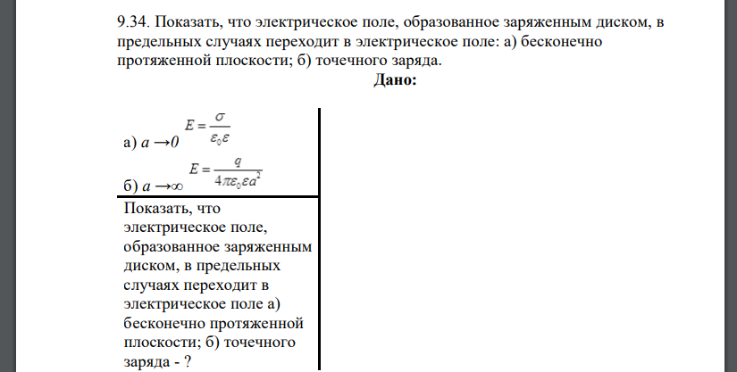 Показать, что электрическое поле, образованное заряженным диском, в предельных случаях переходит в электрическое поле: