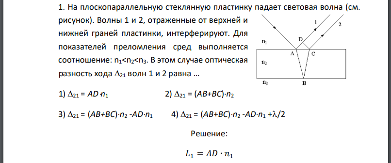 На плоскопараллельную стеклянную пластинку падает световая волна (см. рисунок). Волны 1 и 2, отраженные от верхней и нижней граней пластинки,