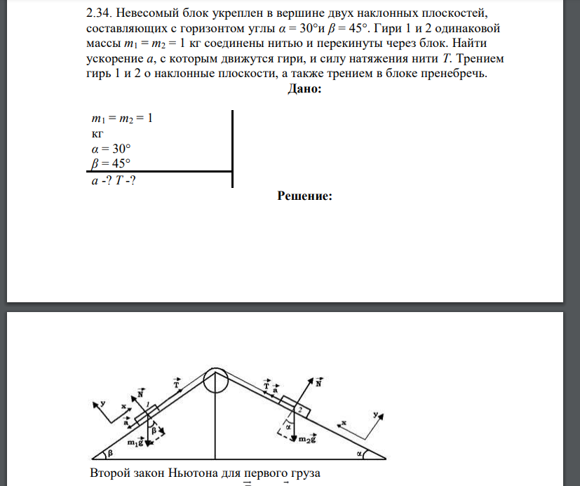 Невесомый блок укреплен в вершине двух наклонных плоскостей, составляющих с горизонтом углы α = 30°и β = 45°. Гири