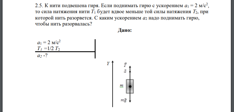 К нити подвешена гиря. Если поднимать гирю с ускорением a1 = 2 м/с2 , то сила натяжения нити Т1 будет вдвое меньше той силы