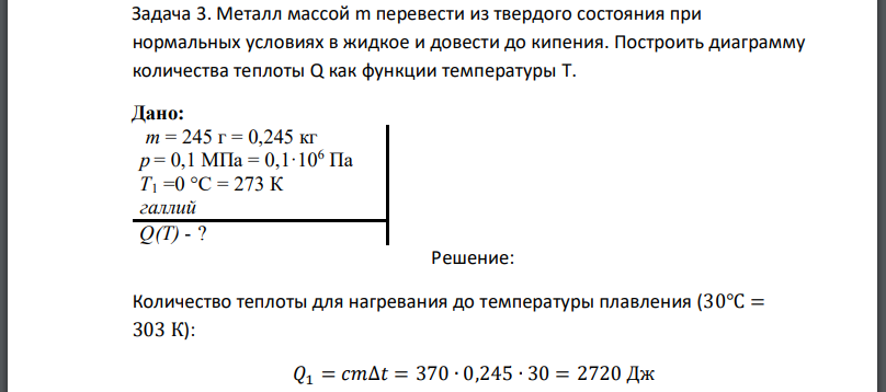 Металл массой m перевести из твердого состояния при нормальных условиях в жидкое и довести до кипения. Построить диаграмму количества теплоты как