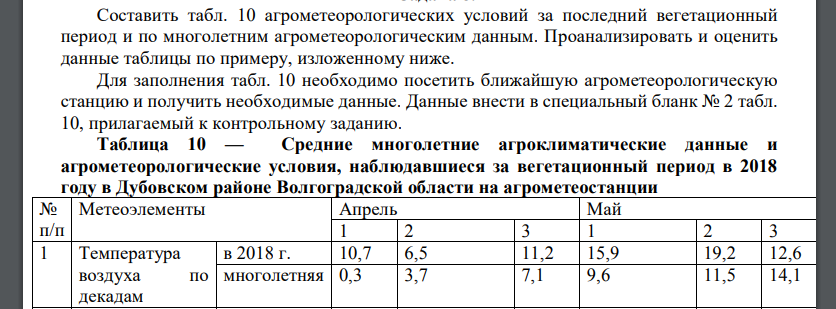 Составить табл. 10 агрометеорологических условий за последний вегетационный период и по многолетним агрометеорологическим