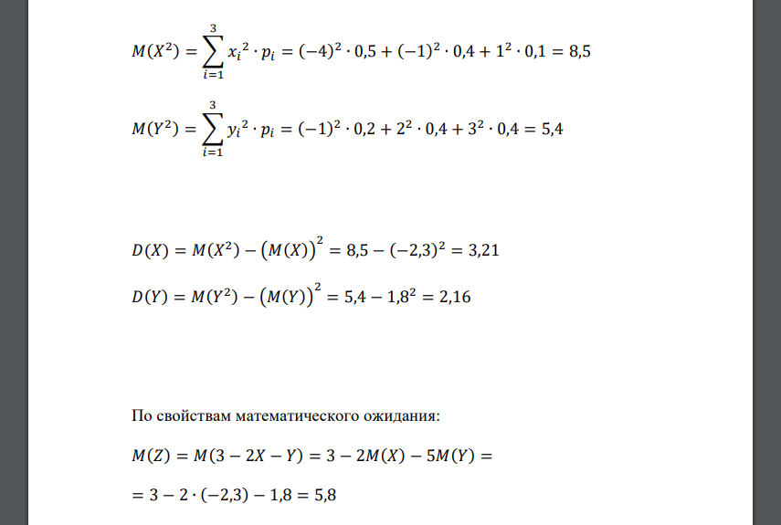 Две независимые случайные величины заданы законами распределения: 𝑋 -4 -1 1 𝑌 -1 2 3 p 0,5 0,4 0,1 p 0,2 0,4 0,4 Случайная величина