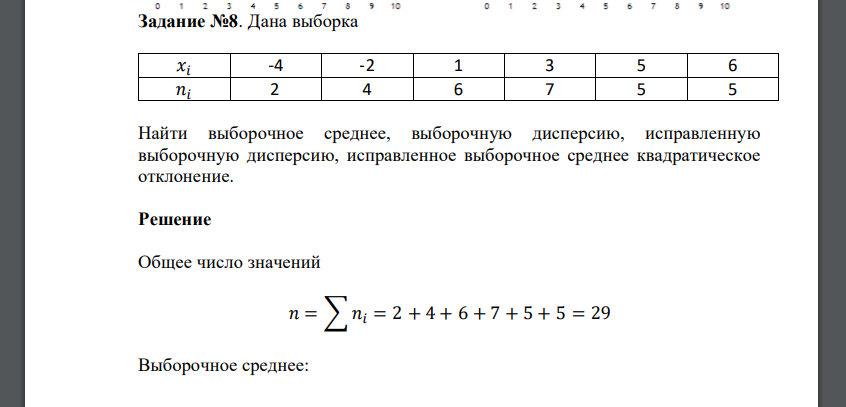 Дана выборка 𝑥𝑖 -4 -2 1 3 5 6 𝑛𝑖 2 4 6 7 5 5 Найти выборочное среднее, выборочную дисперсию, исправленную выборочную дисперсию