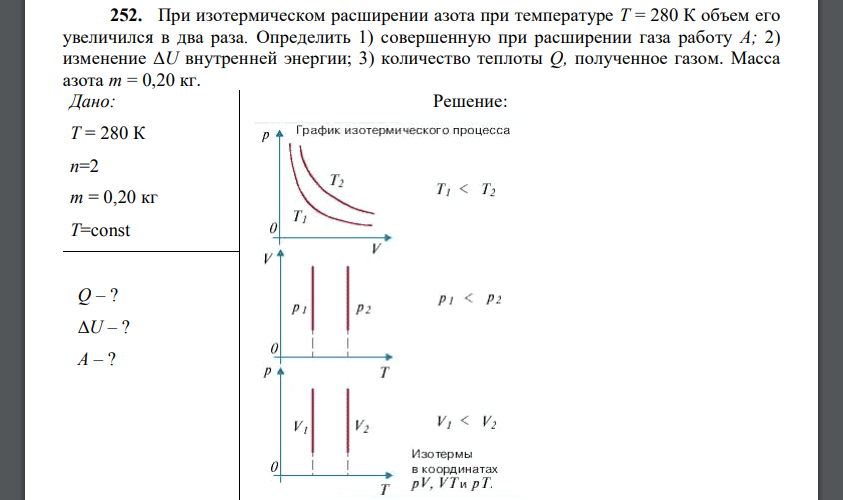 При изотермическом расширении азота при температуре Т = 280 К объем его увеличился в два раза. Определить