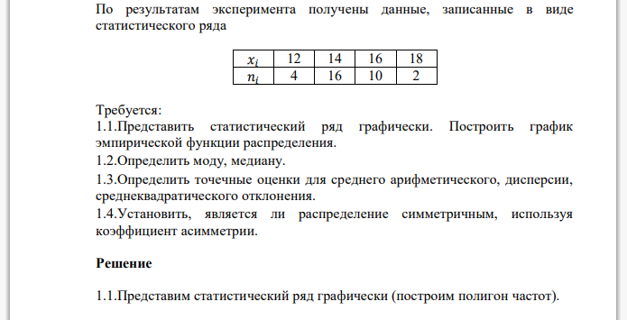 По результатам эксперимента получены данные, записанные в виде статистического ряда 𝑥𝑖 12 14 16 18 𝑛𝑖 4 16 10 2 Требуется